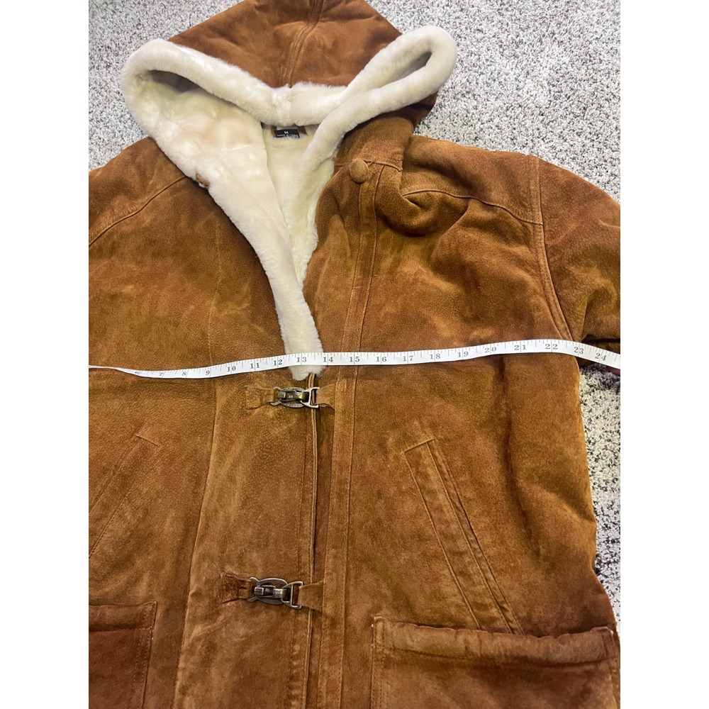 Suede Vintage Sherpa Lined Hooded Toggle Leather Coat Brown Womens Size M - Picture 8 of 14